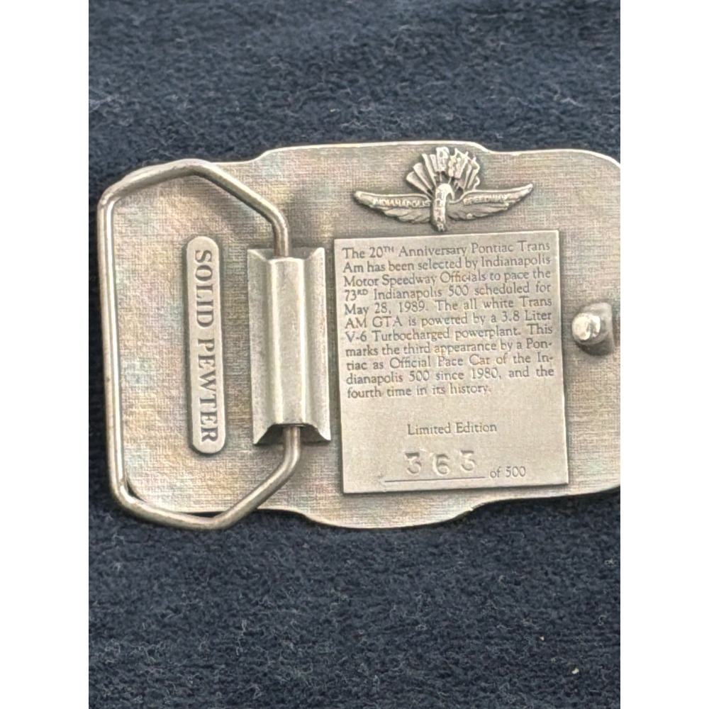 Vtg 1989 Indianapolis 500 Pontiac Trans Am Pace Car Pewter Belt Buckle 363/500 - Picture 2 of 4
